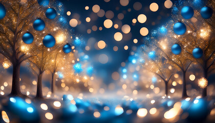Elegant gold Christmas ornaments hang amid a shimmering bokeh background. The blue and gold tones create a festive and warm holiday atmosphere.