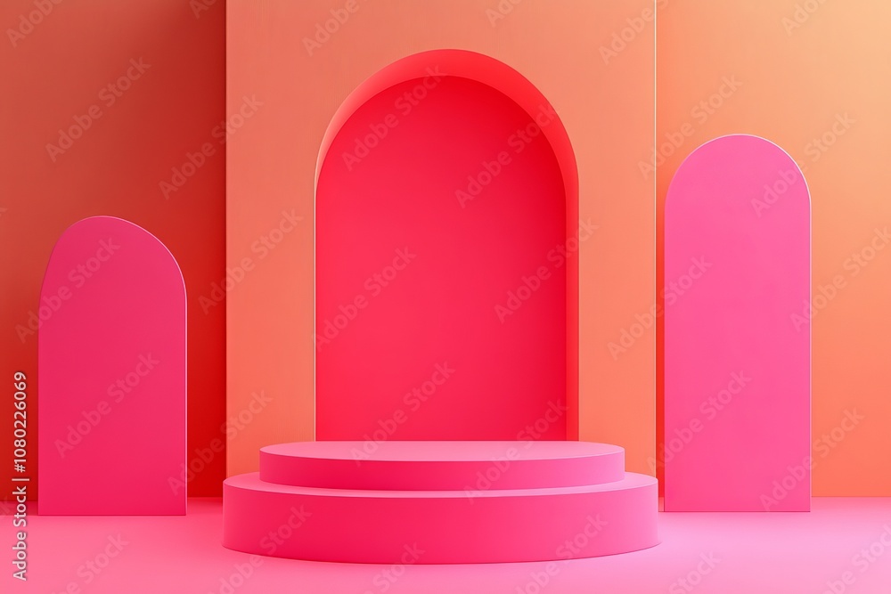 Poster minimalist 3d render of pink abstract shapes with gradient orange and dark pink background elements
