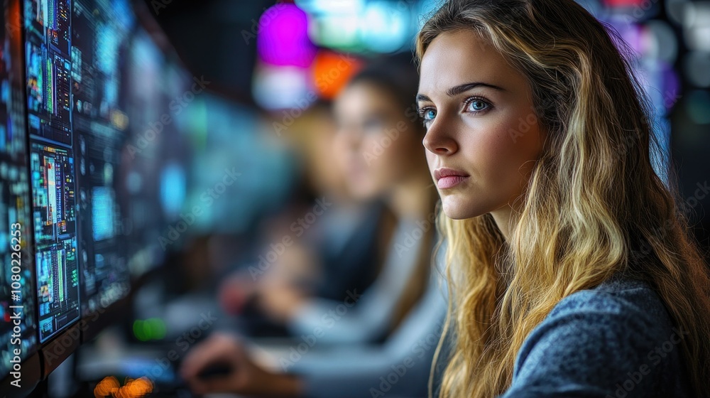 Poster young woman focused on multiple computer screens in a tech setting.