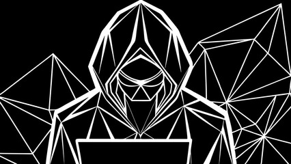 A minimalist representation of a hooded figure engaged in hacking activity amidst a backdrop of geometric shapes highlighting technology themes