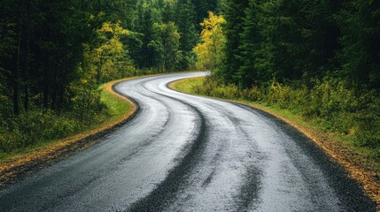 Winding asphalt road through a dense forest, wet from recent rain.