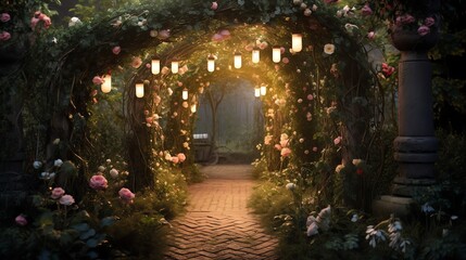 A brick pathway leads through a rose-covered archway illuminated by warm string lights in a mystical garden.