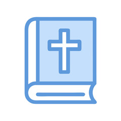 Fototapeta premium A simple blue Bible with a cross symbol resting upright, symbolizing faith, spirituality, and religious devotion in contemporary design