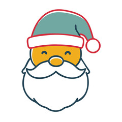 A joyful Santa Claus wearing a teal hat and a red pom-pom, showcasing a friendly smile and prominent white beard, perfect for holiday-themed greetings