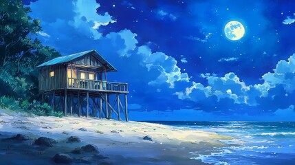 A wooden house on the beach with moon and clouds in the sky at night, in the style of anime.