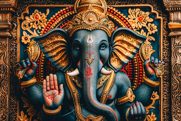 Obraz premium Intricately Carved Colorful Ganesha Statue in Traditional Hindu Temple