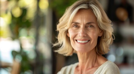 Obraz premium Cheerful mature woman with blond hair beaming with joy in a sunlit café on a vibrant afternoon