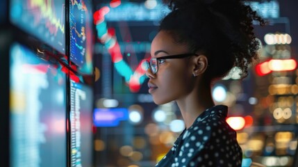 A focused woman analyzes data insights while standing by a high-tech computer in a vibrant urban setting at night