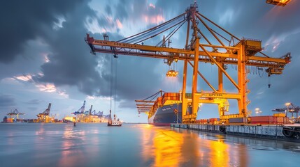 Fototapeta premium Gantry cranes unload container ships on a sunny summer day 