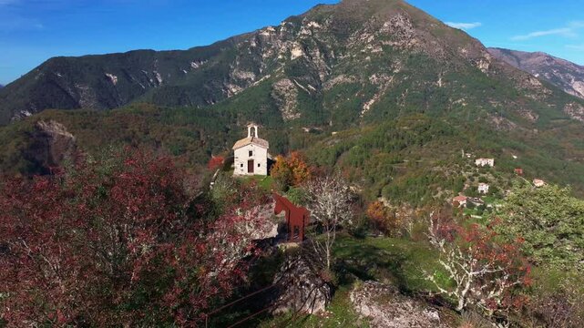 Aerial view of the Saint-Pierre church in the village of Tournefort