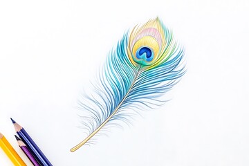 Hand drawn feather with markers in watercolor style. Realistic illustration isolated on white background. Clip art for designers, cards, invitations, textile, poster