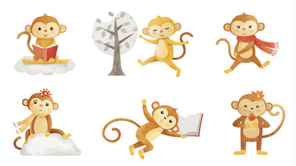 Naklejka premium Cute monkey cartoon character vector illustration set. Cute monkey cartoon character with book and tree.
