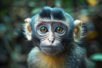 Fototapeta premium Close up of a young monkey displaying curiosity in a lush green forest during daylight