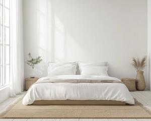 Simple White Wall with Low-Profile Bed and Neutral Accents for a Minimalist Bedroom