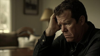 Middle-aged man sitting alone in a quiet room, holding his head with one hand, looking stressed and concerned. Emotional state of solitude and introspection.	