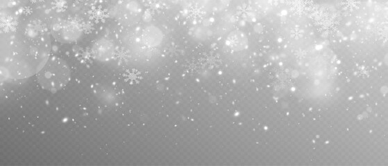 Realistic falling snow. Christmas snowflakes on a transparent background. Winter background. Frost storm effect, snowfall, ice. Vector illustration.