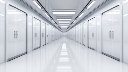Naklejka premium Long white corridor with doors, an architectural photograph of a serene hallway in modern building