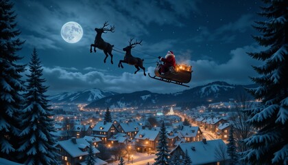  Santa Claus flying in the night sky with his sleigh and reindeer, Snowy winter landscape below, Full moon illuminating the scene, Bright stars scattered across the sky, Soft blue and white glow.