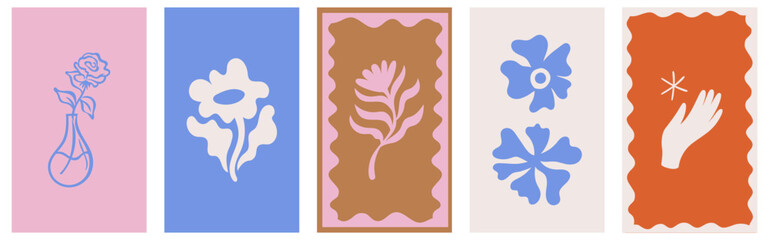 Vector simple minimal illustrations, simple wavy and groovy. hand drawn naive style, flowers and plants, floral botanic design templates, frames and modern wall art prints, posters