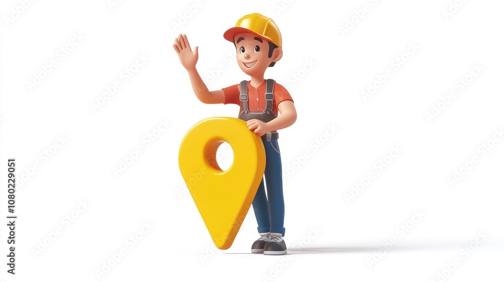 Aufkleber a cheerful cartoon character in a hard hat holds a yellow location pin, symbolizing guidance.