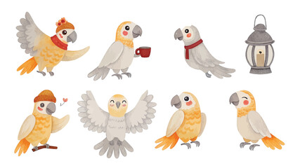 Fototapeta premium Cute parrots set. Cute parrots with a cup of coffee.