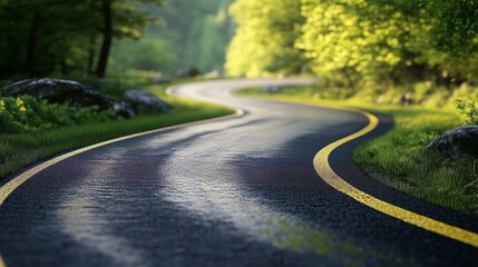 Obraz premium Winding road through a lush green landscape in the early morning light, creating a peaceful atmosphere for drivers and nature lovers.