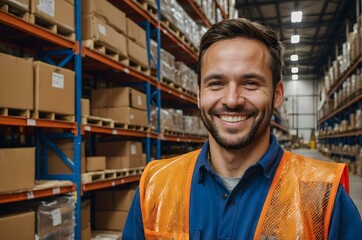 Warehouse boy in high-visibility vest, smiling in a modern storage environment. Great image for supply chain and warehouse themes.

