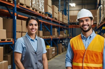 Warehouse boy in high-visibility vest, and a girl smiling in a modern storage environment. Great image for supply chain and warehouse themes.