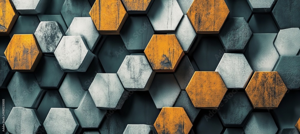 Poster Abstract Geometric Background, 3D Rendering of Hexagonal Shapes in Rustic and Modern Style