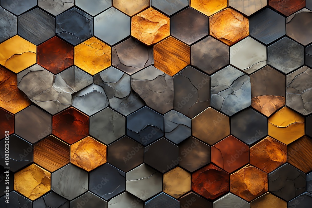 Poster a close-up of a hexagonal pattern made of different colored stones.