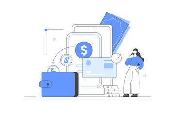 Character paying online and receiving bonus money or reward back on credit card. Cashback, financial savings and money refund concept. Flat Cartoon Vector Illustration, icon. Stylish, Minimalist 