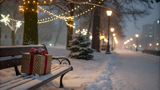 Christmas gift on a bench in a snowy park with festive lights at night