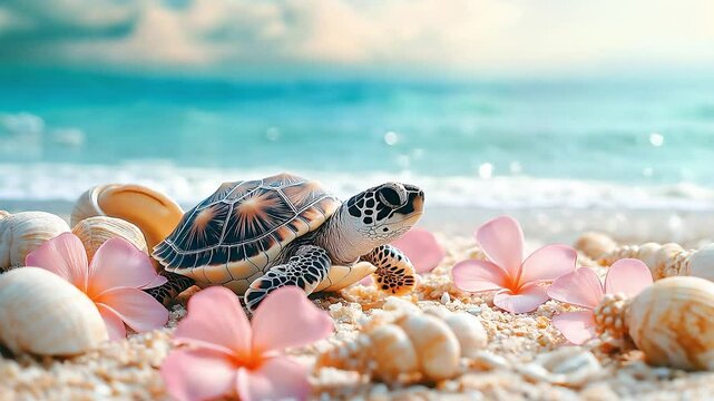 A cute tiny turtle crawling on the beach with flowers, seashells on sunny day