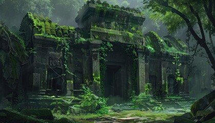Overgrown Ancient Stone Temple in a Lush Jungle
