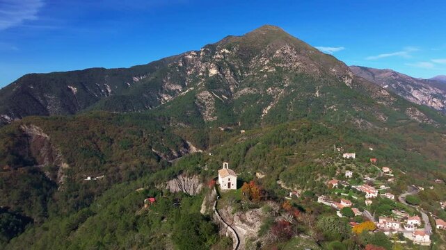 Drone view of the Saint-Pierre church in the village of Tournefort