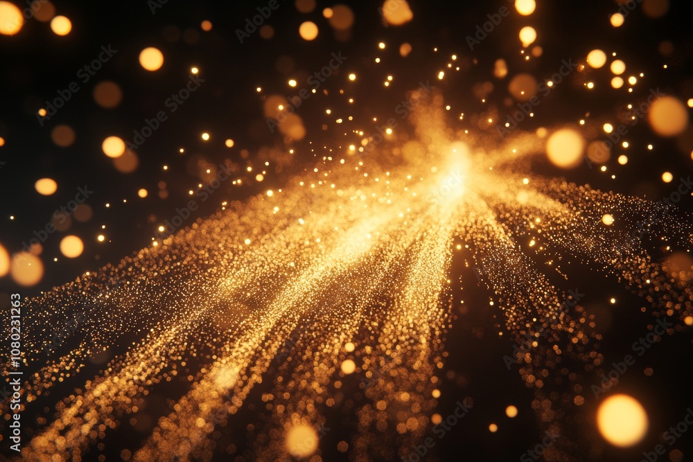 Poster dynamic golden fireworks explosive particles and light trails against a dark background