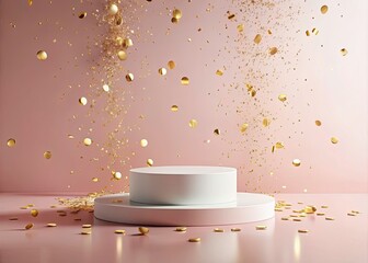 Minimalist White Podium with Golden Confetti on Pastel Pink Background for Cosmetic Product Display, 3D Rendering Mockup Scene for Beauty Products and Packaging