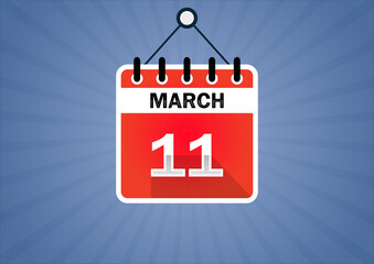 March 11, Calendar hanging sign. 11th days of the month, modern illustration. Date day of week Sunday, Monday, Tuesday, Wednesday, Thursday, Friday, Saturday. Flat style