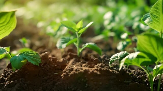 A soybean plant growing from the soil in the garden	
