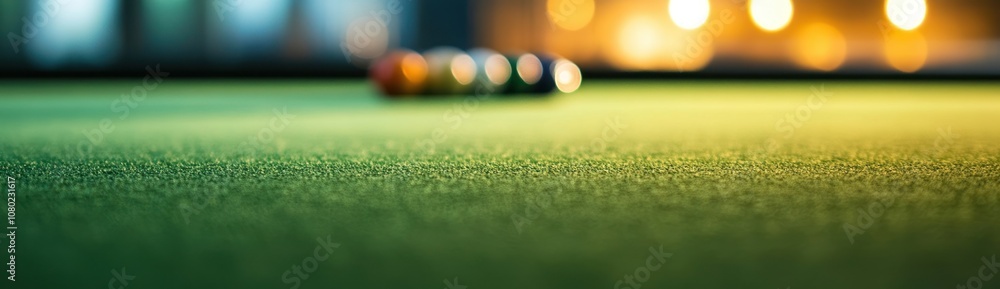 Poster A close-up view of a pool table with balls arranged, emphasizing leisure and gaming.