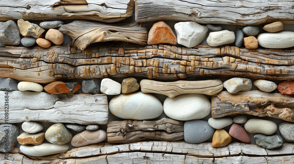 Poster a close-up of a rustic background made from driftwood and stones arranged in rows.