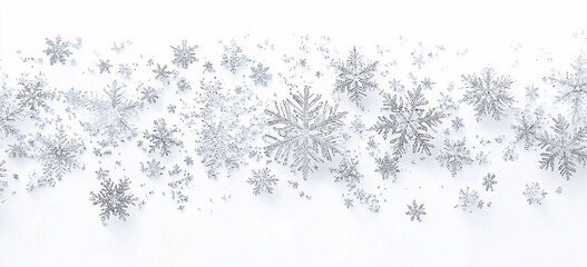 Fototapeta premium Gentle snowflakes falling against a bright white background, creating a serene winter atmosphere. Calm and peaceful, reminiscent of a quiet snowfall....