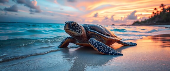 Sea turtle sunset beach scene