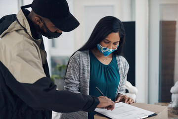 Woman, delivery guy and signature with face mask of courier service, online shopping and distribution agreement. Customer, package and paperwork for ecommerce safety, payment contract and front door