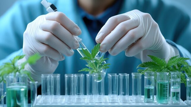 A scientist in gloves carefully extracts a sample from a plant in a laboratory setting, focusing on research and analysis of botanical elements.