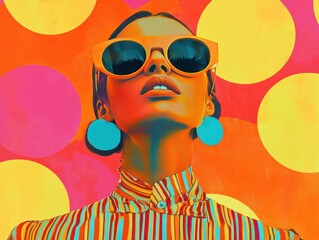Classic 70s fashion with a modern twist, vibrant portrait showcasing iconic patterns and retro styling
