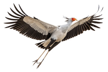 Fototapeta premium Front view, Secretary Bird is spreading its wings and flying isolated on a transparent background