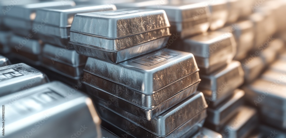 Poster a close-up view of stacked silver bars, showcasing their metallic sheen and texture.