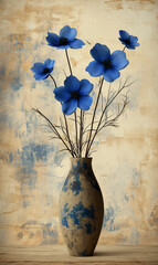 Ultra-realistic image featuring a dark blue flower in a vintage vase on old wood with beige textures and a grunge wall, perfect for a classic, rustic aesthetic