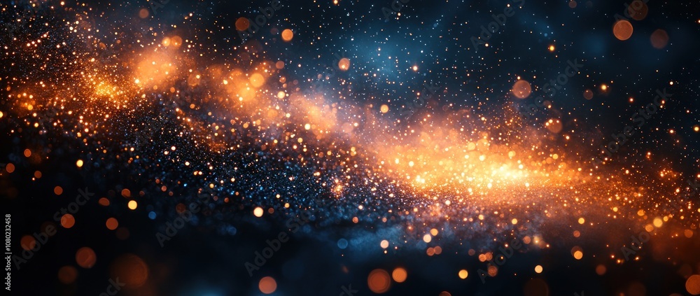 Wall mural golden cosmic dust and sparkles floating through a dark blue and black space background generative a